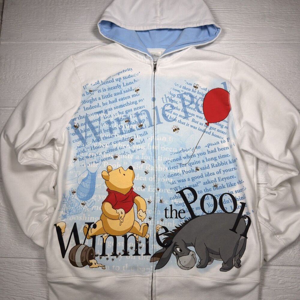 Disney Store Winnie The Pooh Eeyore Zip Hoodie XL Adult Graphic Full Zip White